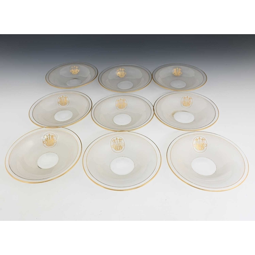 477 - A set of 9 Continental glass and gilt monogrammed bowls and stands, frosted and cut with lens beaded... 