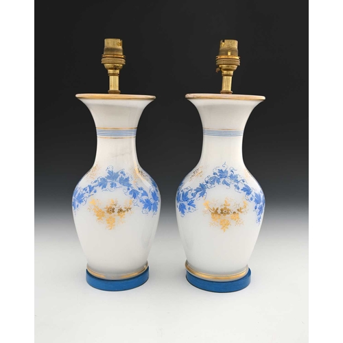 478 - A pair of French alabaster opaline glass lamp bases, possibly Baccarat, of shouldered baluster form,... 