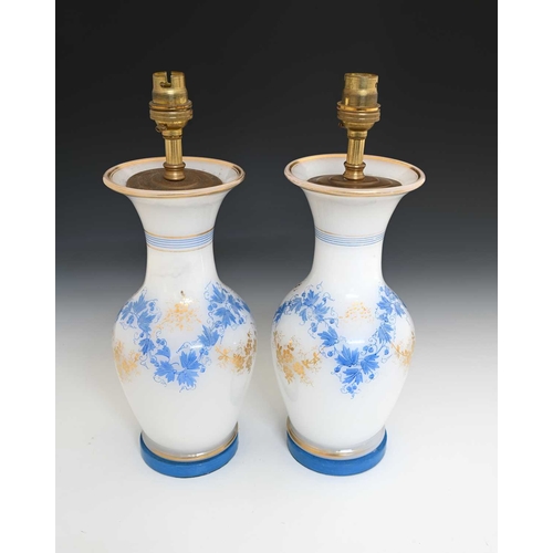 478 - A pair of French alabaster opaline glass lamp bases, possibly Baccarat, of shouldered baluster form,... 