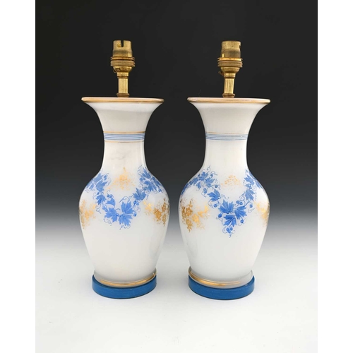 478 - A pair of French alabaster opaline glass lamp bases, possibly Baccarat, of shouldered baluster form,... 