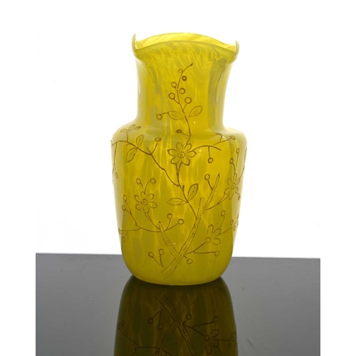 479 - Moser, a Bohemian enamelled marbled glass vase, circa 1890, shouldered form with square section rim,... 