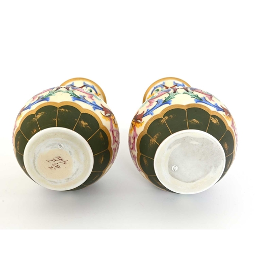 485 - A pair of Bohemian enamelled opaque glass vases, baluster necked ovoid form with everted bowl rims, ... 