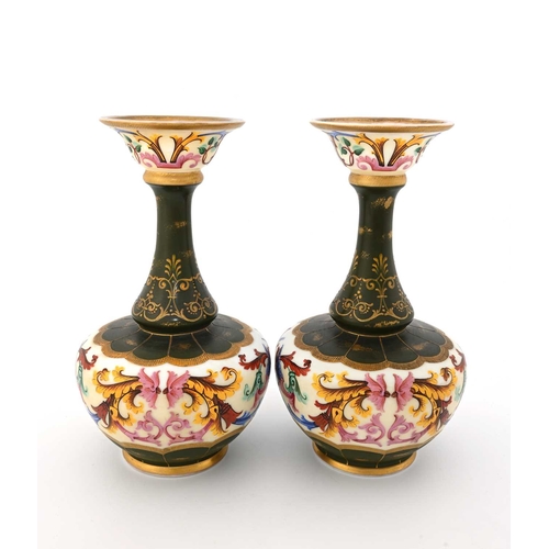 485 - A pair of Bohemian enamelled opaque glass vases, baluster necked ovoid form with everted bowl rims, ... 