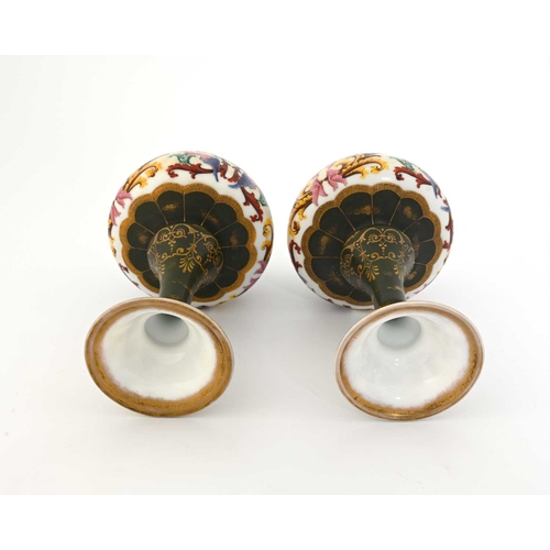 485 - A pair of Bohemian enamelled opaque glass vases, baluster necked ovoid form with everted bowl rims, ... 