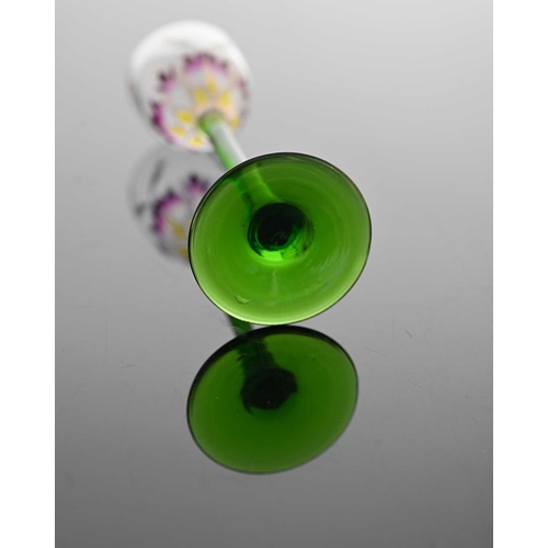 507 - Theresienthal, a Jugendstil enamelled floral liqueur glass, circa 1900, the ogee tulip bowl painted ... 