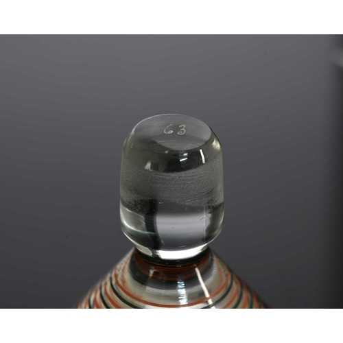 513 - An Art Deco enamelled glass cocktail decanter and glass, conical form painted with abstract Bauhaus ... 