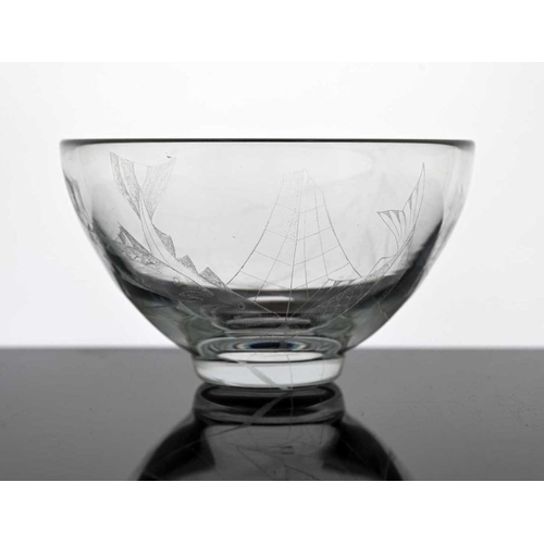 522 - Vicke Lindstrand for Kosta, a Modernist etched glass bowl, hemispherical form, diamond point engrave... 