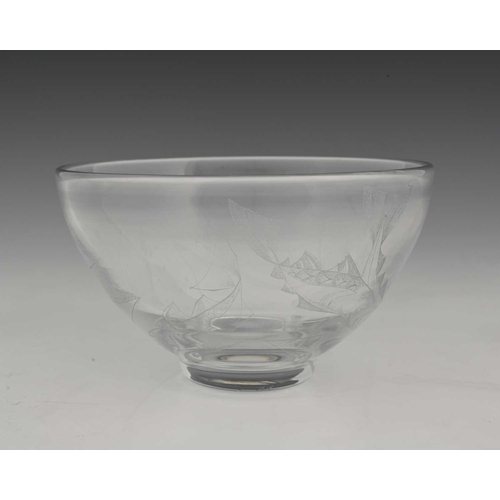 522 - Vicke Lindstrand for Kosta, a Modernist etched glass bowl, hemispherical form, diamond point engrave... 