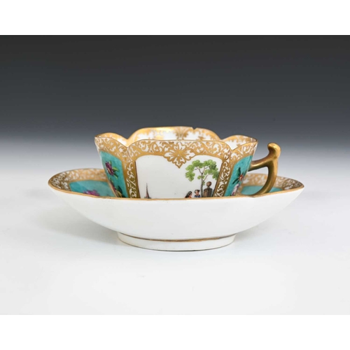 532 - A Meissen tea cup and saucer, Augustus Rex mark with gilt decorators numerals, probably circa 1740s,... 