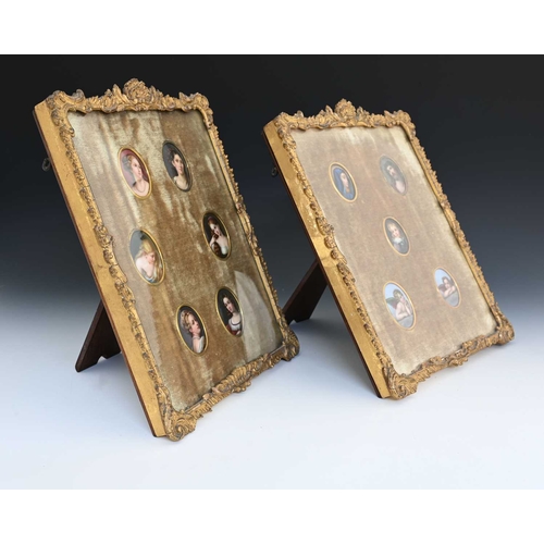 537 - A pair of Rococo gilt framed easel displays containing porcelain miniatures, 19th Century, one conta... 