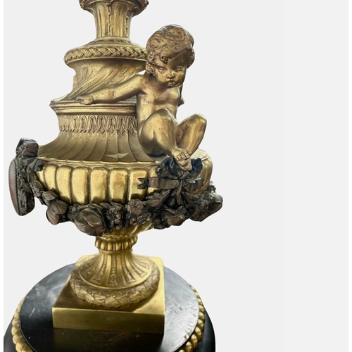 538 - A large Sevres style lamp base, gilt and brown basalt Solomonic column and urn form with cartouche o... 