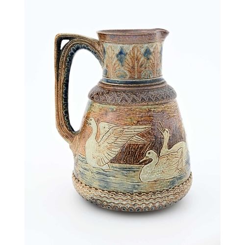 550 - Rober Wallace Martin for Martin Brothers, a stoneware jug, 1876, shouldered conical form, sgraffito ... 