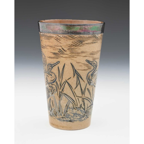 551 - Hannah Barlow for Doulton Lambeth, a stoneware beaker, 1877, sgraffito decorated with storks in a we... 