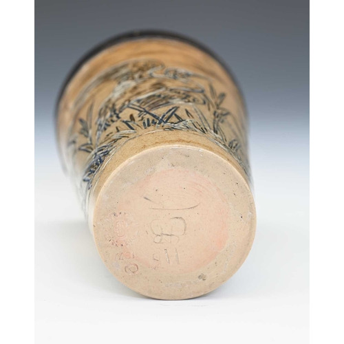 551 - Hannah Barlow for Doulton Lambeth, a stoneware beaker, 1877, sgraffito decorated with storks in a we... 