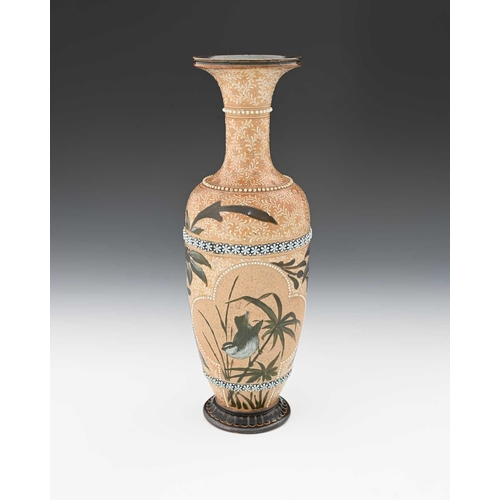 555 - Florence Barlow for Doulton Lambeth, a pate sur pate stoneware vase, 1880, footed and shouldered for... 