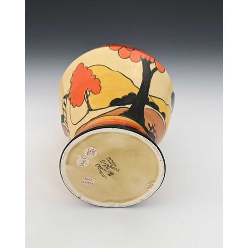 564 - Clarice Cliff for Newport Pottery, a House and Bridge vase, model 365, angled ovoid form on conical ... 