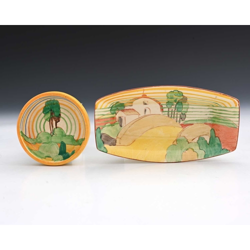 565a - Clarice Cliff, two dishes, including Farmhouse Bridge and Capri (2)