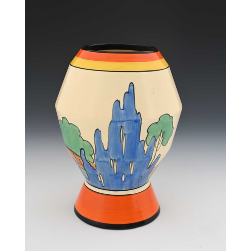 565 - Clarice Cliff for Newport Pottery, an Orange Roof Cottage vase, model 365, angled ovoid form on coni... 