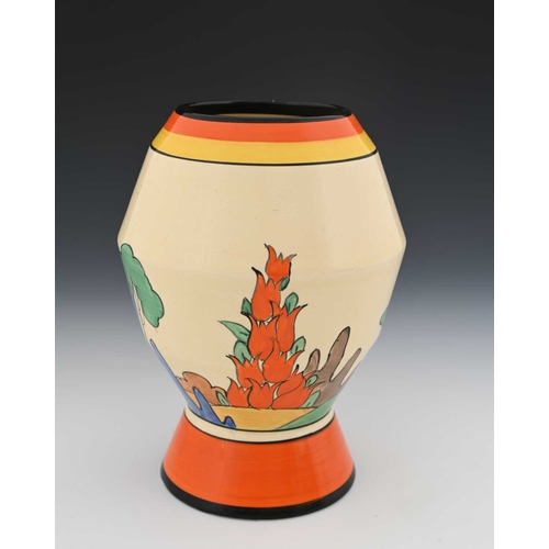 565 - Clarice Cliff for Newport Pottery, an Orange Roof Cottage vase, model 365, angled ovoid form on coni... 