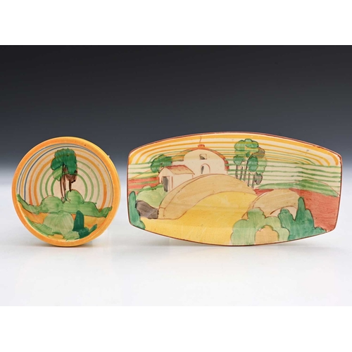 565a - Clarice Cliff, two dishes, including Farmhouse Bridge and Capri (2)