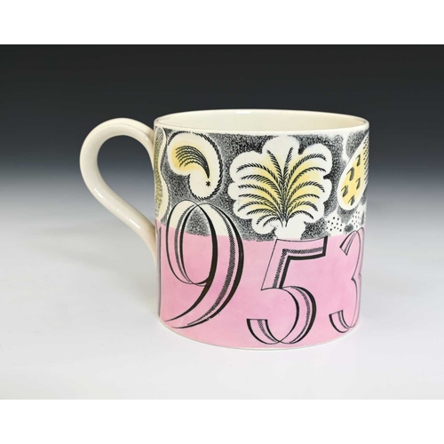 569 - Eric Ravilious for Wedgwood, an Elizabeth II commemorative Coronation mug, 1953, pink border, 10cm h... 