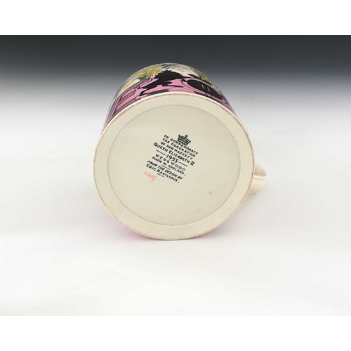 569 - Eric Ravilious for Wedgwood, an Elizabeth II commemorative Coronation mug, 1953, pink border, 10cm h... 