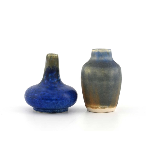 570 - Ruskin Pottery, two miniature Crystalline vases, circa 1930, shouldered form and squat onion form, o... 