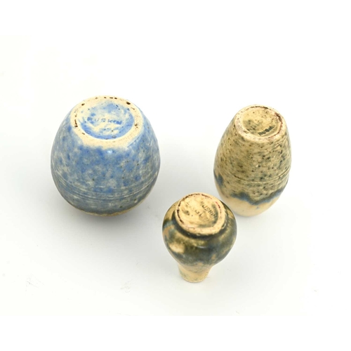 571 - Ruskin Pottery, three miniature Crystalline vases, circa 1930, including ginger jar, gourd vase and ... 