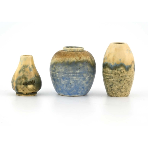 571 - Ruskin Pottery, three miniature Crystalline vases, circa 1930, including ginger jar, gourd vase and ... 