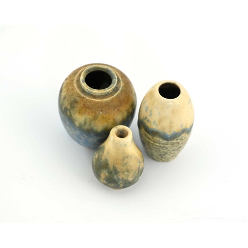 571 - Ruskin Pottery, three miniature Crystalline vases, circa 1930, including ginger jar, gourd vase and ... 