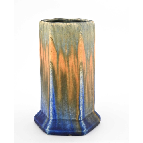 572 - Ruskin Pottery, a Crystalline vase, 1930, hexagonal section plinth form, streaks of green over orang... 