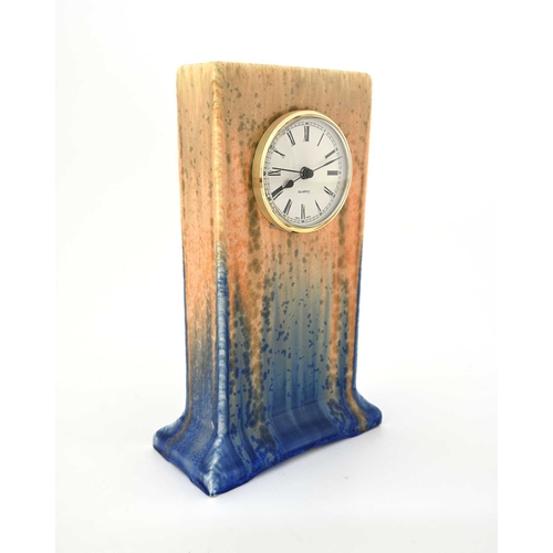 573 - Ruskin Pottery, a Crystalline glazed mantle clock, circa 1932, cuboid plinth form, green speckled or... 