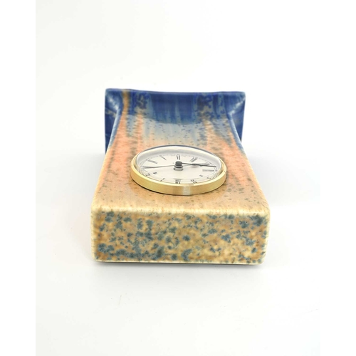 573 - Ruskin Pottery, a Crystalline glazed mantle clock, circa 1932, cuboid plinth form, green speckled or... 