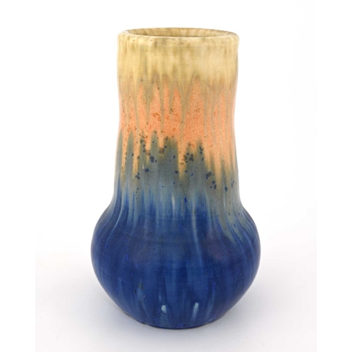 574 - Ruskin Pottery, a Crystalline glazed vase, 1932, gourd form, banded oatmeal over orange over streaky... 