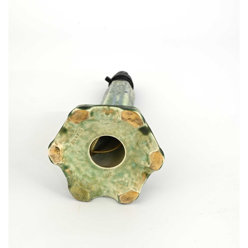 577 - Ruskin Pottery, a Crystalline glazed lamp base, circa 1932, hexagonal section trumpet form on bracke... 