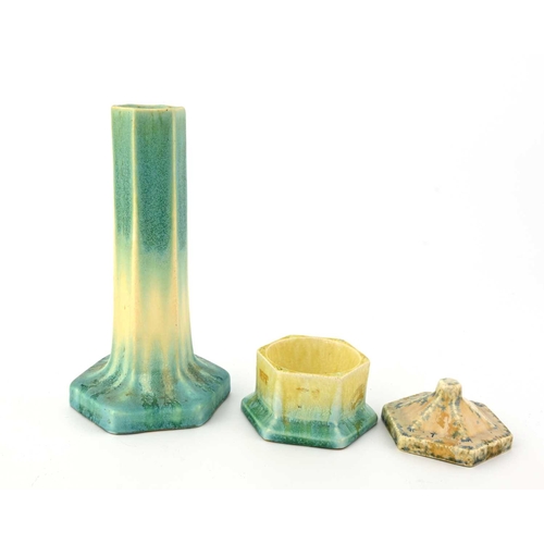 578 - Ruskin Pottery, a Crystalline glazed candlestick and a box and cover, 1931, each of hexagonal sectio... 