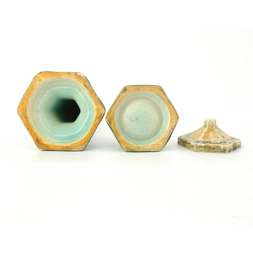 578 - Ruskin Pottery, a Crystalline glazed candlestick and a box and cover, 1931, each of hexagonal sectio... 