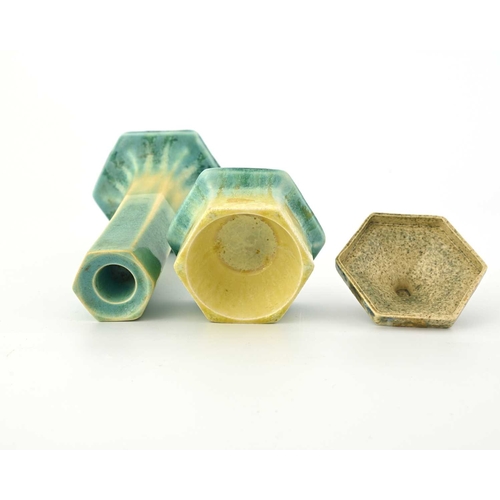 578 - Ruskin Pottery, a Crystalline glazed candlestick and a box and cover, 1931, each of hexagonal sectio... 