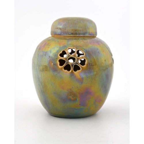 585 - Ruskin Pottery, a Lustre glaze reticulated ginger jar and cover, 1924, ovoid form with four six peta... 