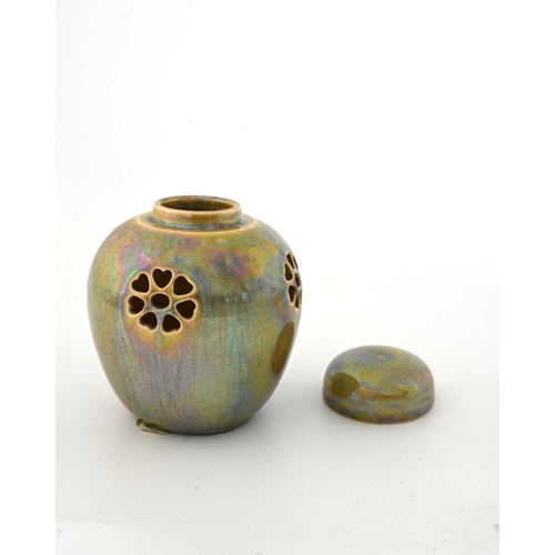 585 - Ruskin Pottery, a Lustre glaze reticulated ginger jar and cover, 1924, ovoid form with four six peta... 