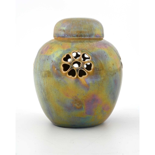 585 - Ruskin Pottery, a Lustre glaze reticulated ginger jar and cover, 1924, ovoid form with four six peta... 