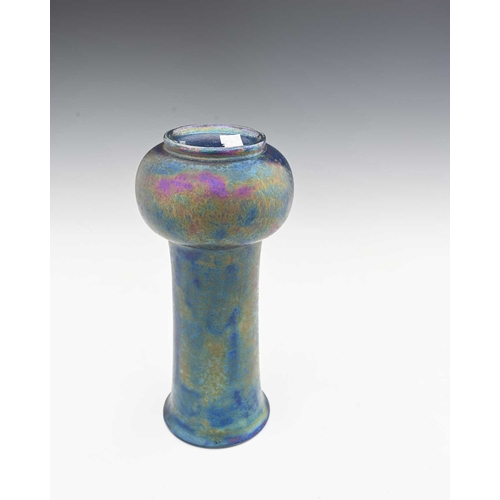 587 - Ruskin Pottery, a Kingfisher blue lustre vase, 1925, bulbous form with elongated cylindrical neck an... 