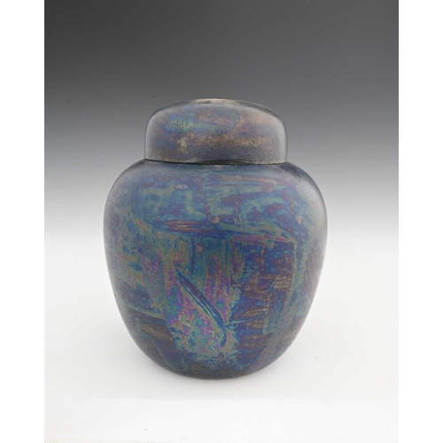 590 - Ruskin Pottery, a Kingfisher blue lustre ginger jar and cover, 1915, shouldered ovoid form, iridesce... 