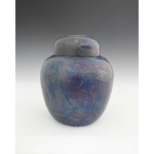 590 - Ruskin Pottery, a Kingfisher blue lustre ginger jar and cover, 1915, shouldered ovoid form, iridesce... 