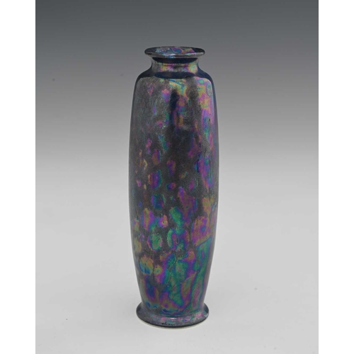 591 - Ruskin Pottery, a Kingfisher blue lustre vase, circa 1912, elongated shouldered and footed barrel fo... 