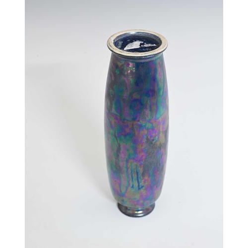 591 - Ruskin Pottery, a Kingfisher blue lustre vase, circa 1912, elongated shouldered and footed barrel fo... 