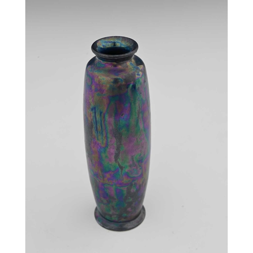 591 - Ruskin Pottery, a Kingfisher blue lustre vase, circa 1912, elongated shouldered and footed barrel fo... 