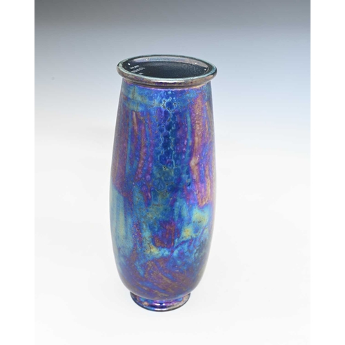 592 - Ruskin Pottery, a Kingfisher lustre vase, 1921, shouldred barrel form, with everted rim, mottled mat... 