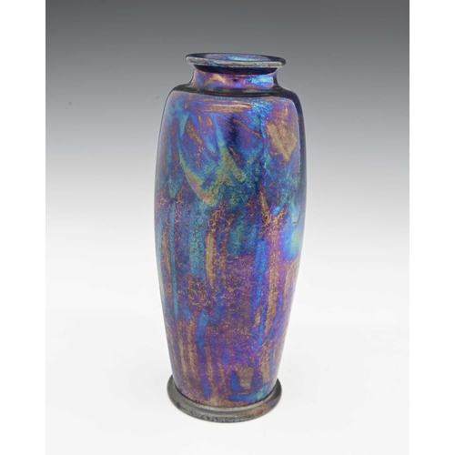 592 - Ruskin Pottery, a Kingfisher lustre vase, 1921, shouldred barrel form, with everted rim, mottled mat... 