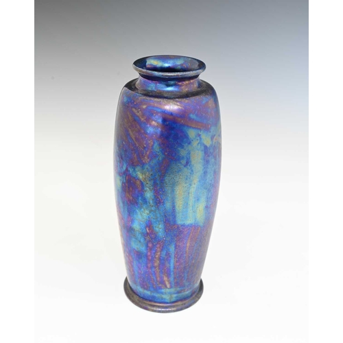 592 - Ruskin Pottery, a Kingfisher lustre vase, 1921, shouldred barrel form, with everted rim, mottled mat... 